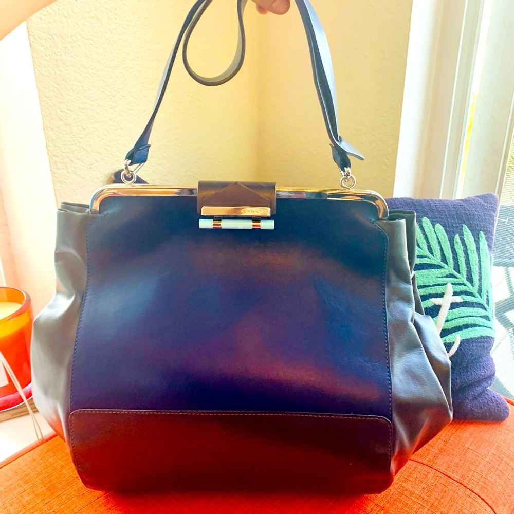 Carven Leather Handbag blue and black color block.